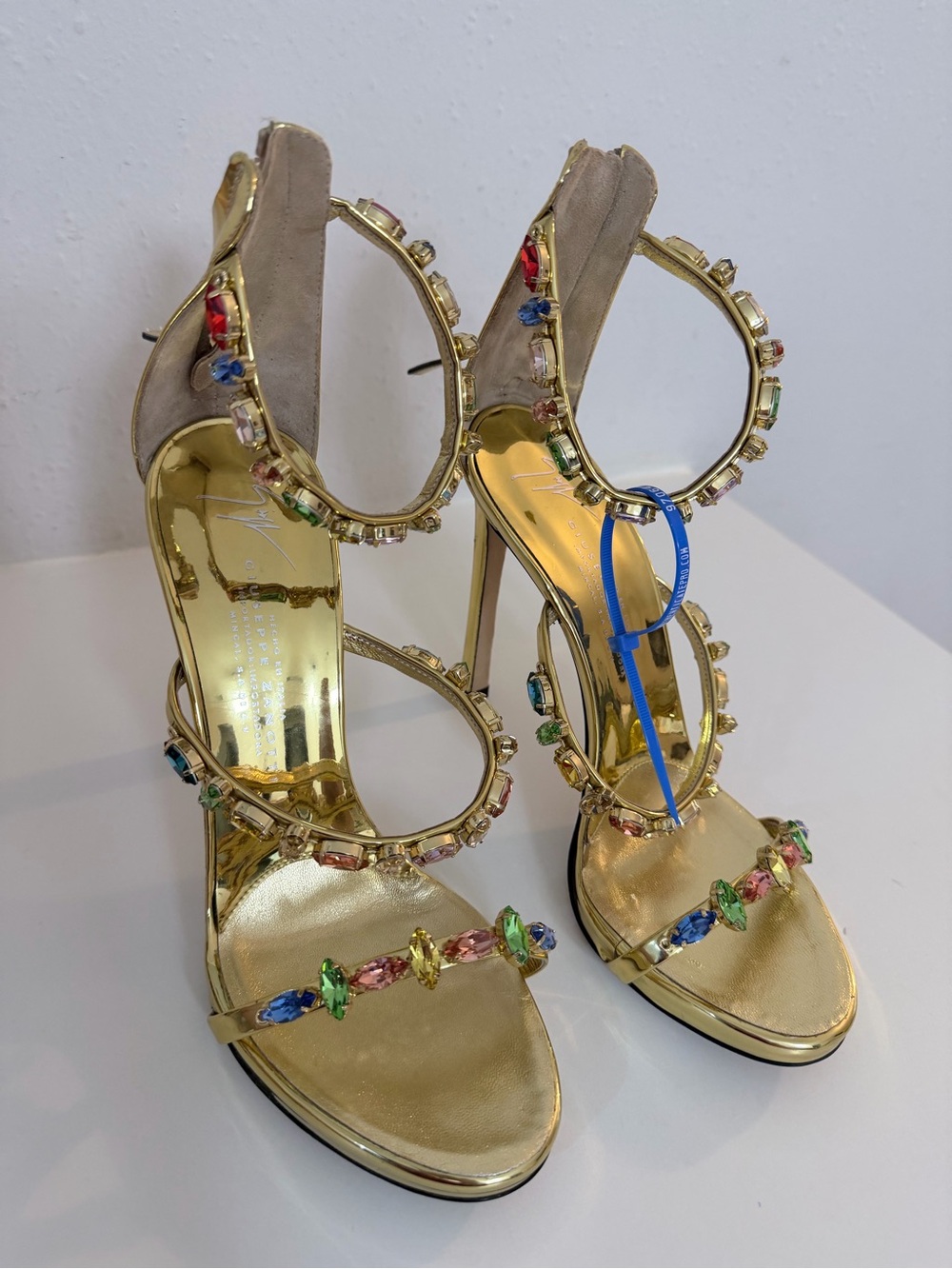 Giuseppe Zanotti Harmony Gold Jeweled Multicolor Crystal-Strap Heels size 37.5 - Picture 12 of 17